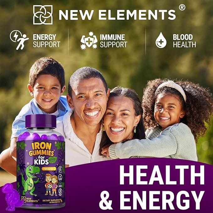 New Elements Iron Dinosaur Gummies for Kids with Vitamin C | Sugar-Free, Vegan, Gluten-Free & Non-GMO | Anemia Relief, Energy & Blood Health Support | Grape Flavor, Pectin-Based for Optimal Health