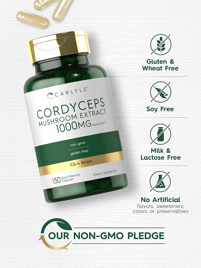 Carlyle Cordyceps Mushroom Capsules 1000mg | 150 Count | CS-4 Strain Mushroom Extract | Non-GMO and Gluten Free