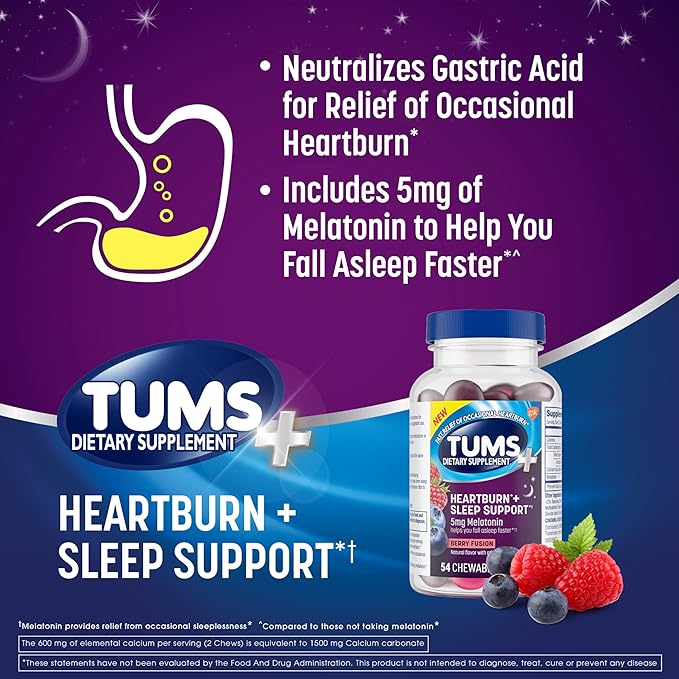 TUMS Heartburn Plus Sleep Support Chewable Dietary Supplement Tablets for Occasional Heartburn Relief Plus Sleep Support, Berry Fusion - 54 Count
