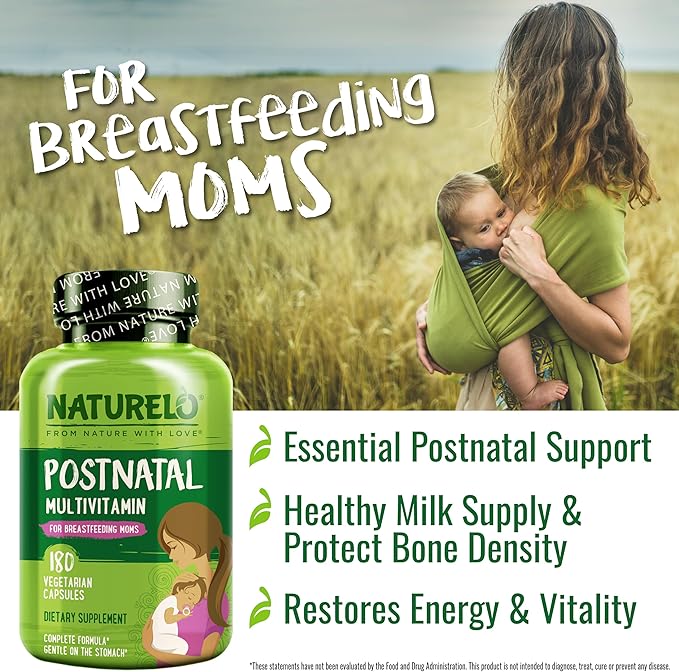 NATURELO Postnatal Multivitamin - Supplement for Breastfeeding Women - Plant-Based Vitamin D, Folate, Gentle Iron - for Nursing Mother, Baby - Post Natal Lactation Support 180 Capsules
