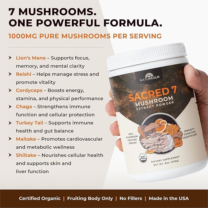 Sacred 7 Mushroom Coffee Booster | Organic Mushroom Supplement Powder – Lions Mane, Reishi, Chaga & More | Adaptogen + Nootropic | 100% Fruiting Bodies | Mix with Coffee,Tea, Smoothies - 60 Servings