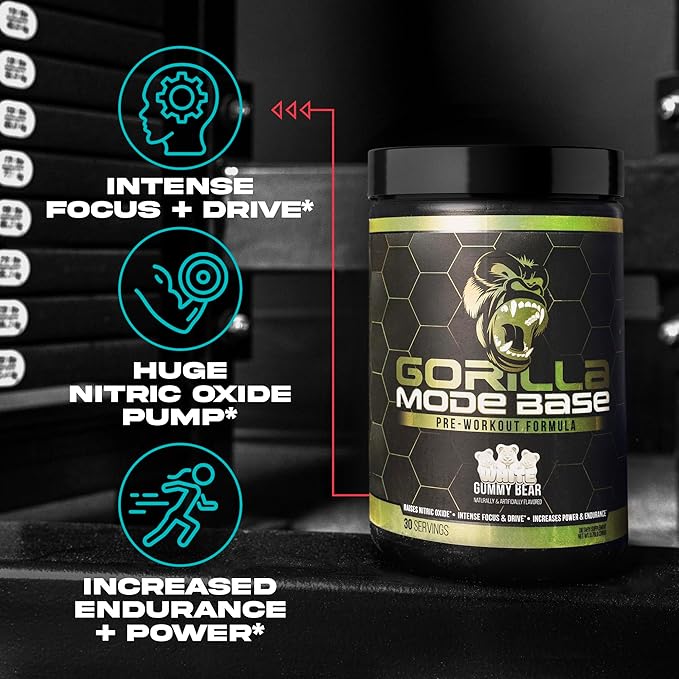 Gorilla Mind Base Pre Workout - Raises Nitric Oxide Intense Focus & Drive Endurance Power - L-Citrulline, L-Tyrosine, Betaine, Alpha-GPC, Caffeine, Huperzine A - 360 Grams (Cherry Blackout)