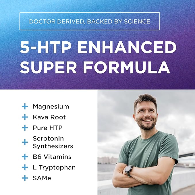 200 MG 5-HTP Elite with Kava Root Extract, Magnesium & SAM-e to Maintain Normal Healthy Sleep & Create a Sense of Wellbeing - 5HTP Supplement with Vitamin B6 - 60 Capsules, 30 Servings