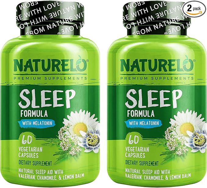 NATURELO Sleep Aid - with Melatonin, Magnesium, GABA, Valerian Root, Lemon Balm, Chamomile Herbal Extracts - Plant-Based Sleeping Aid - 60 Vegan Capsules (Pack of 2)