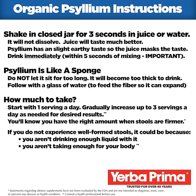 Yerba Prima Organic Psyllium Whole Husks Colon Cleanser - 20 oz - Natural Daily Dietary Fiber Supplement 20oz, Colon Cleanser, Regularity & Detox Cleansing Support, Gluten Free, Non GMO, Vegan