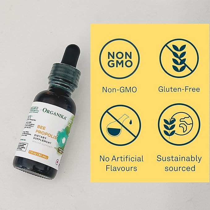 Organika Bee Propolis Tincture 30 ml: Vegan Propolis Extract - Throat and Breathing - Free of Gluten, GMO, & Artificial Flavors - 10 Day Prop Drops Supply