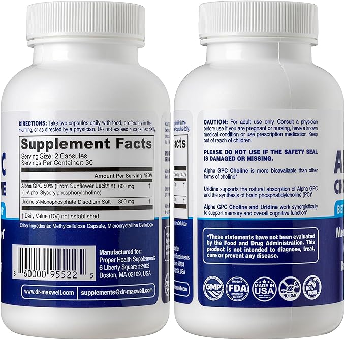 Alpha GPC & Uridine 2X 60 Capsules + Phosphatidylserine & Bacopa 1x 120 Capsules, 2 Months Supply