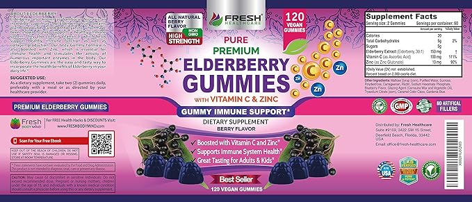FRESH HEALTHCARE Elderberry Gummies with Vitamin C, Zinc & Sambucus Elderberry 30:1 Extract - 100% Vegan - Immune Support for Adults & Kids - 120 Count Gummy Supplement
