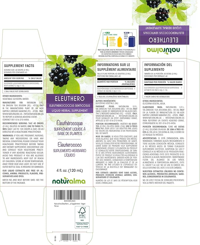 Naturalma Eleuthero or Siberian Ginseng (Eleutherococcus senticosus) Root Alcohol-Free Tincture - 4 fl oz Liquid Extract in Drops - Herbal Supplement - Vegan