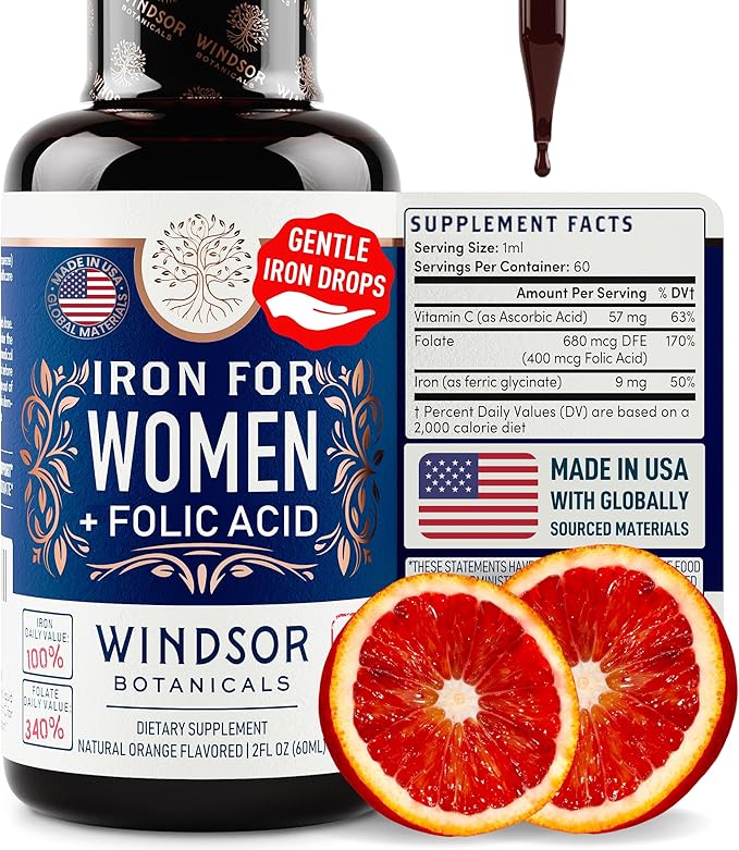 WINDSOR BOTANICALS Liquid Iron Supplements for Anemia - Folic Acid, Vitamin C, Vegan Blood Builder and Anemia Supplement - 2 oz Orange Flavor Gentle Iron Drops for Women