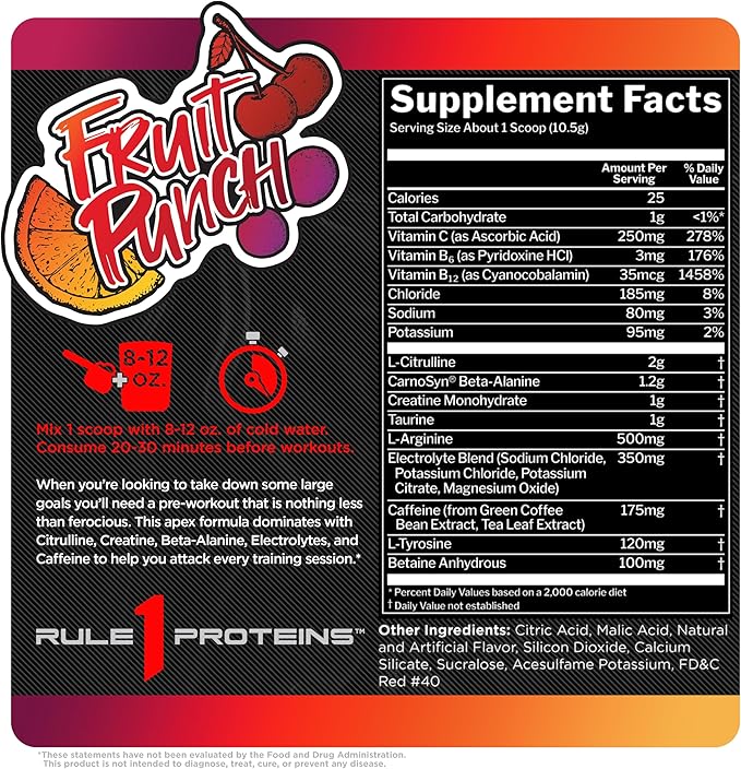 Rule 1 R1 Roar - Pre-Workout Powder with Creatine, Beta-Alanine, Citrulline, Electrolytes & Caffeine (30 Servings, Fruit Punch)