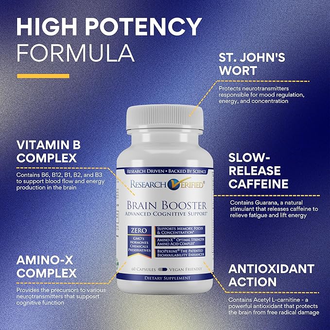 Brain Booster - Nootropic Supplement to Enhance Cognitive Function - 360 Vegan Friendly Capsules - 6 Bottles