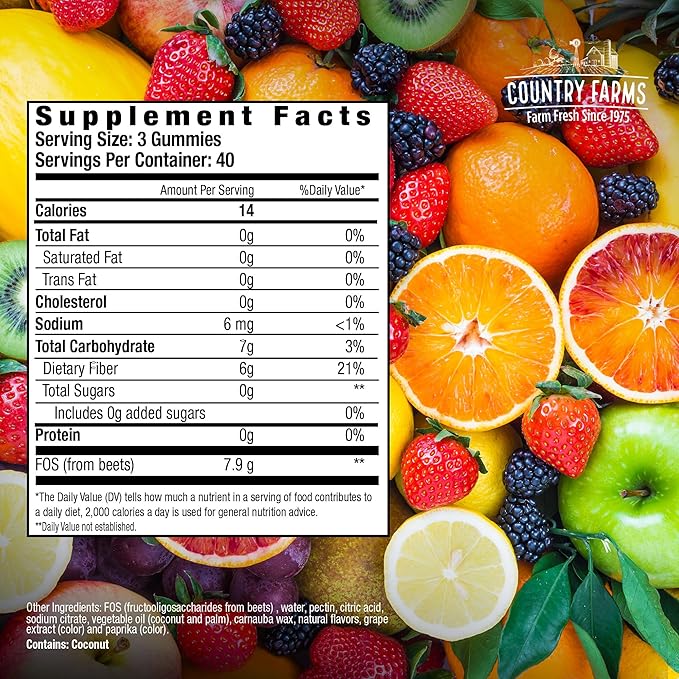 COUNTRY FARMS Fiber Care Prebiotic Gummies, 6g of Fiber Per Serving, FOS from Beets, Digestive Health, Supports Regularity, Mixed Fruit Flavor, 240 Gummies, 80 Servings, 2 Pack
