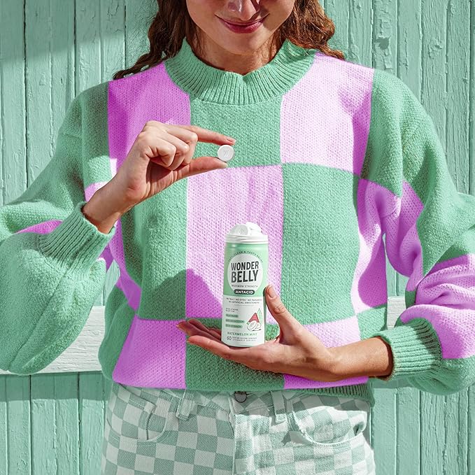 Wonderbelly Antacid, Effective Heartburn and Instant Acid Indigestion Relief, Extra Strength Chewable Tablets, 1000 mg Calcium Carbonate, No Talc or Dye, Watermelon Mint, 60 Count