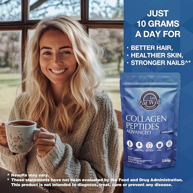 EAT WELL PREMIUM FOODS Collagen Peptides Powder Protein 45 Servings, 16oz, Collagen for Skin, Bone and Joint Support, Type I & III Grass Fed Collagen Supplements for Women and Men, Keto, Amino Acids