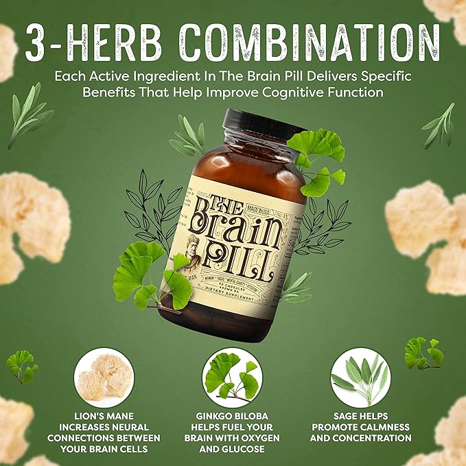 The Brain Pill 90 Capsules – Organic Brain Booster Supplement - Memory Pills for Brain w/ Ginkgo Biloba Capsules, Lion’s Mane & Sage - Brain Booster Supplement for Focus, Memory, Clarity, Energy