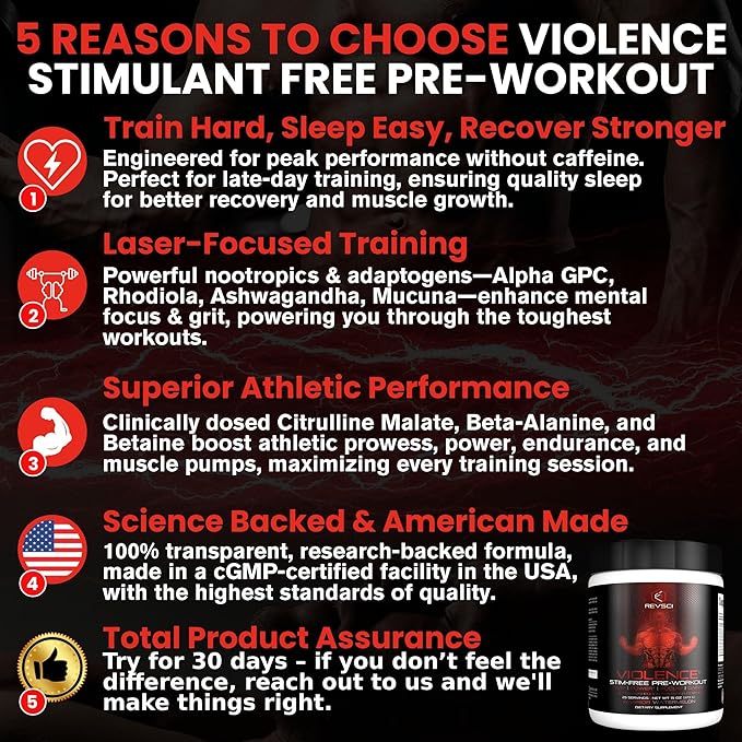 VIOLENCE Stim Free Pre Workout Powder by REVSCI, Precision Dosed Non Stim Preworkout Pump Pre Workout Caffeine Free Pre Workout Powder, Pump Supplement & Stimulant Free Nitric, Watermelon, 25 Servings