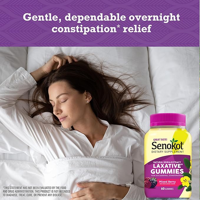Senokot Dietary Supplement Laxative Gummies, Natural Senna Extract, Gentle, Overnight Relief from Occasional Constipation, Mixed Berry Flavor, 60 Count.