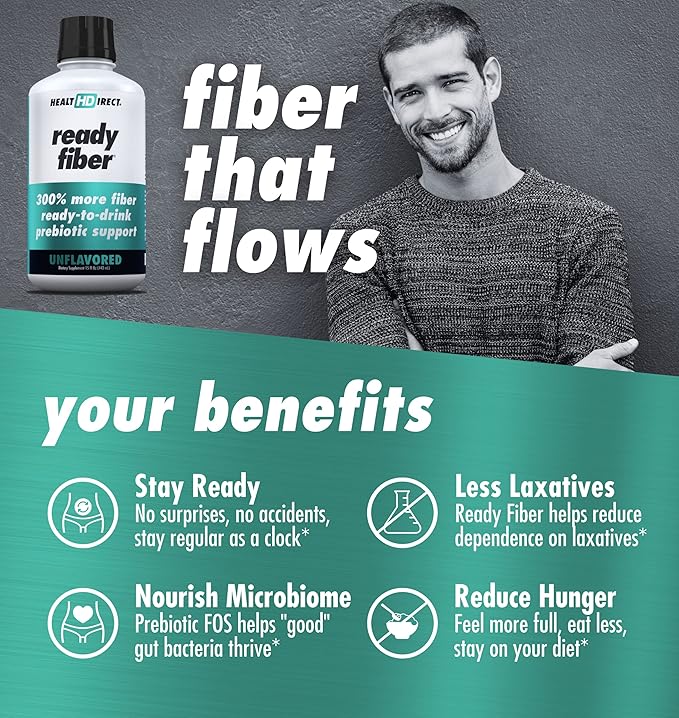 HEALTH DIRECT - Ready Fiber - Prebiotic Liquid Fiber Supplement for Women, Men and Kids - 15 Fl Oz - 15-30 Servings, Unflavored - Easier Than Gummies, Powders and Pills