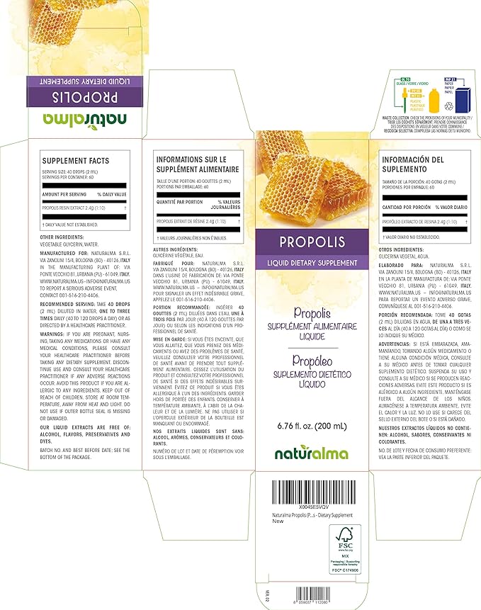 Naturalma Propolis (Propolis) Resin Alcohol-Free Tincture - 6.76 fl oz Liquid Extract in Drops - Dietary Supplement