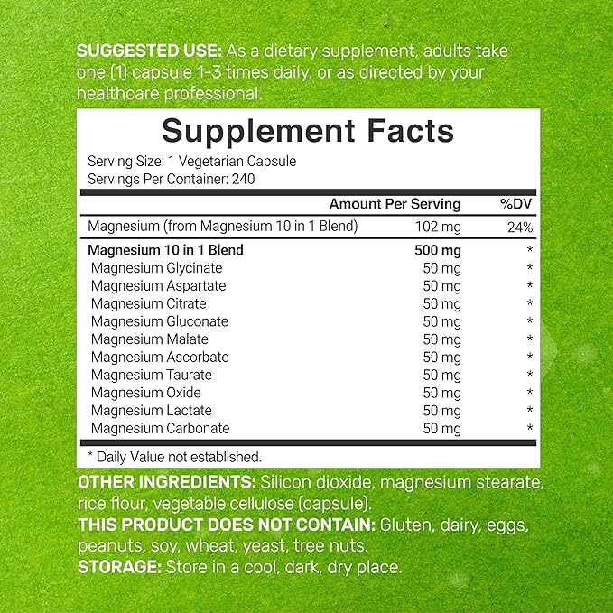 Magnesium Complex Supplement 500mg, 240 Veggie Capsules – 10 in 1 – Glycinate, Citrate, Malate, & More – Chelated Minerals for Muscle & Joint Health.