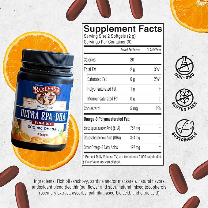 Barlean's Fish Oil Omega 3 Supplement, High Potency Ultra EPA DHA Fatty Acid Softgels, 1000mg Orange Flavored Fish Oil Pills, 60 Count