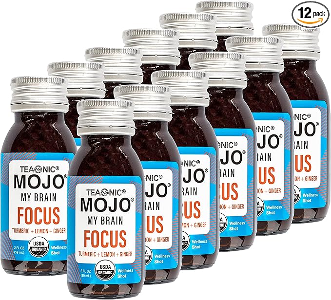 TEAONIC My Brain Mojo: Focus Wellness Shots - USDA-Certified Vegan Formula with Ginkgo Biloba, Ginger, Turmeric - 12 Bottles x 2 Fl Oz Each - Gluten-Free, Non-GMO