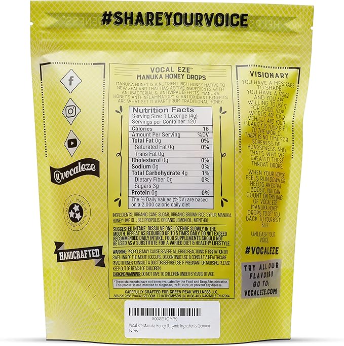 Vocal Eze Manuka Honey Lemon UMF 10+ (MGO 265+) Menthol Cough Drops (120) | Lozenges to Relieve Sore, Hoarse, Fatigue, Dryness of Throat | Voice Support, All Natural and Organic Ingredients