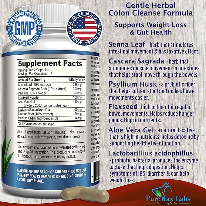 15 Day Colon Cleanse and Detox, Herbal Detox Formula, Supports Weight Loss, Constipation Relief - Boosts Energy. Flush Toxins, Natural Safe Colon Cleanser for Men and Women - 30 Capsules