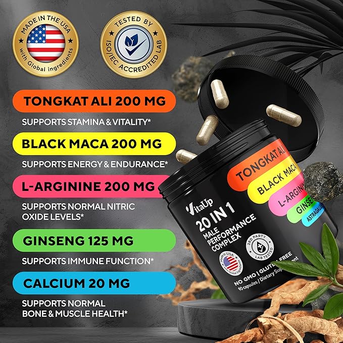 Tongkat Ali for Men 20 in 1 with Astragalus - USA Made Mens Supplement Complex with Black Maca Root, L-Arginine, Ginseng, Calcium, Astragalus for Normal Strength & Endurance Support - 90 Caps