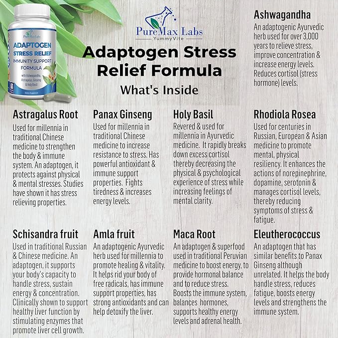 Adaptogen Stress Relief Immune Support Formula - Adaptogenic Adrenal Support with Ashwagandha, Astragalus, Ginseng, Holy Basil, Rhodiola, Amla, Maca, Schisandra, Non-GMO - 60 Capsules
