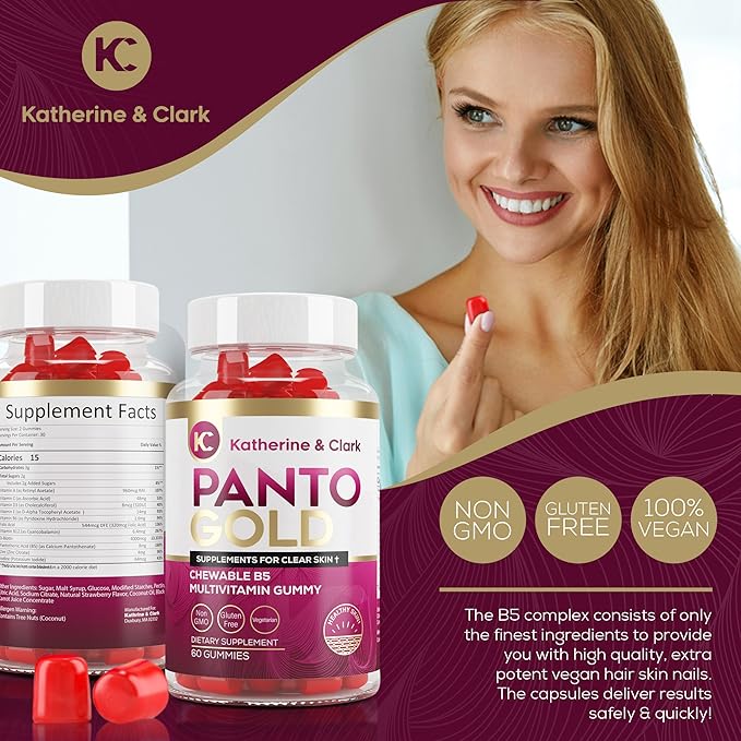 Katherine & Clark Panto Gold Vitamin B5 Pantothenic Acid Gummies for Acne - Hair Skin and Nails Gummies - Biotin, Zinc, Folic Acid Chewable Non-GMO Gluten-Free for Body - Oily Skin Gummies - 60 Count