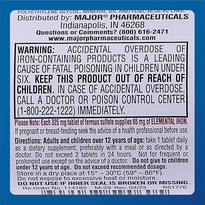 Major Ferosul - Ferrous Sulfate 325mg Tablets with 65mg of Elemental Iron - Iron Supplement for Women, Men - Green - 100 Count (2 Pack)
