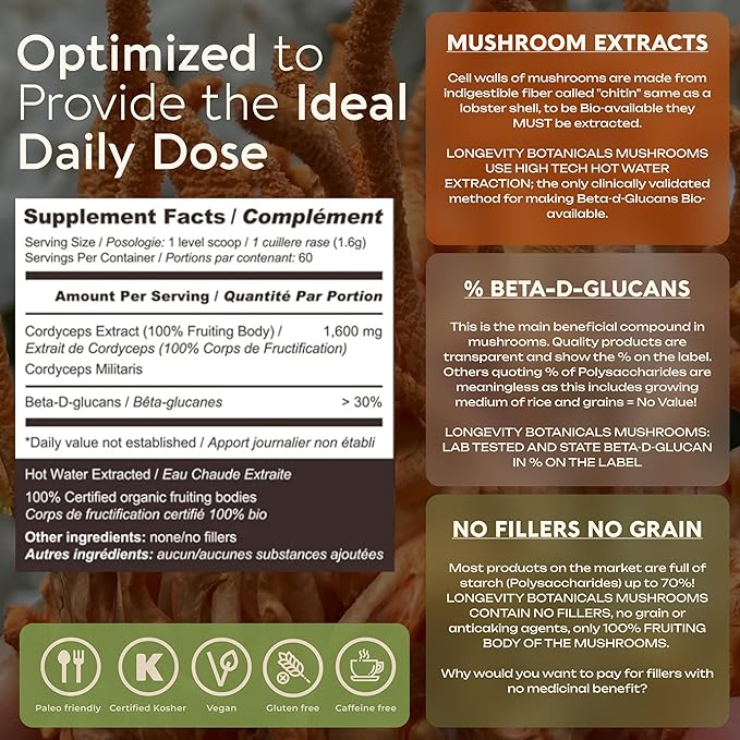 Longevity Botanicals Organic Cordyceps Mushroom Extract Powder 100g | Concentrated 10:1 Ratio | 100% Fruiting Bodies | Cordyceps Militaris Natural Supplement for Energy, Stamina & Respiratory Support