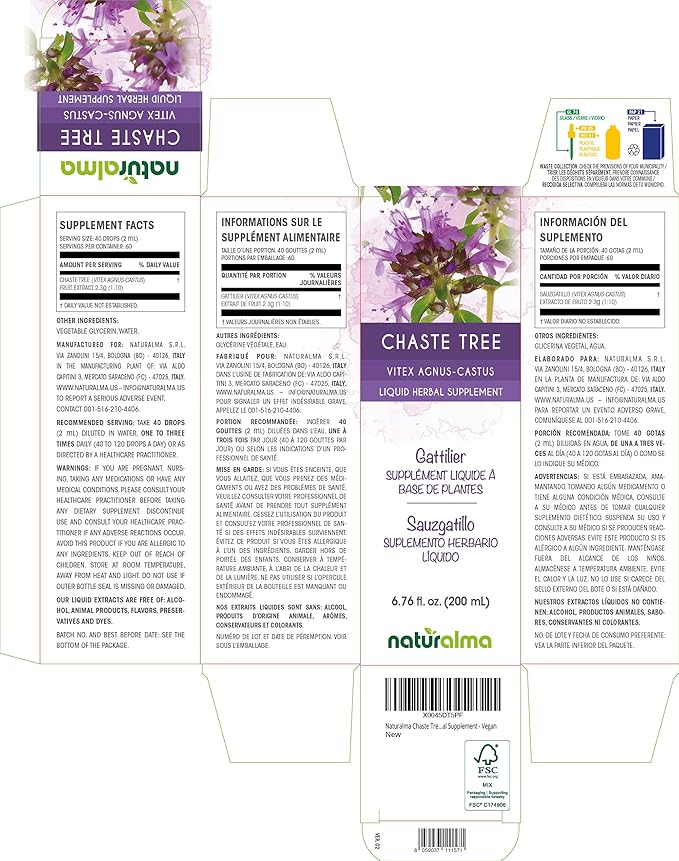 Naturalma Chaste Tree (Vitex Agnus-castus) Fruit Alcohol-Free Tincture - 6.76 fl oz Liquid Extract in Drops - Herbal Supplement - Vegan