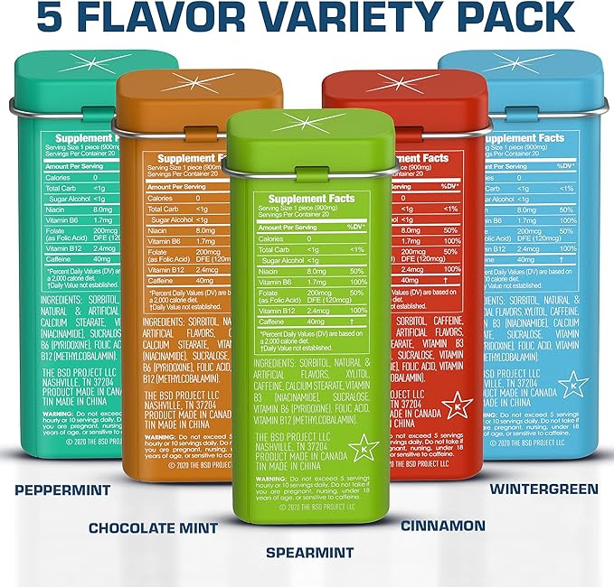 Viter Energy 40mg Caffeine Mints - Sugar Free, B Vitamins, Vegan, Boosts Fast Energized Alert Focus, Caffeinated Nootropic Supplement Pills (Variety Flavors, 20pcs, 5 Pack, 100pcs Total)