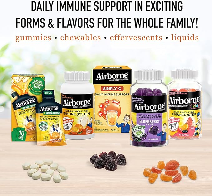 Airborne 1000mg Vitamin C Chewable Tablets Citrus & Very Berry Flavor Bundle - Immune Support Supplement with Zinc and Powerful Antioxidant Vitamins A C & E, (2x96ct bottles)*