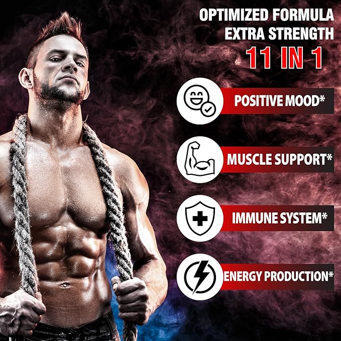 Testosterone Supplement for Men with Ashwagandha, Tribulus, Ginseng & More - 11 Herbs - Strength Support - 60 Vegan Capsules 1 Month Supply