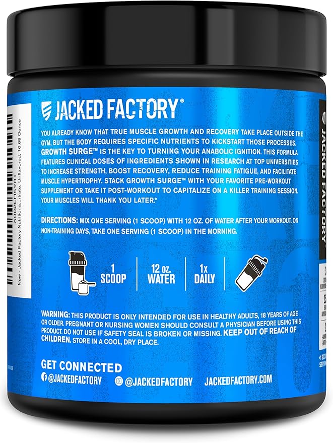 Jacked Factory Nutritional Supplement Growth Surge Creatine Post Workout Powder w/L-Carnitine, Daily Muscle Builder & Recovery with Betaine, L-Carnitine L-Tartrate, Unflavored, 10.68 Ounce