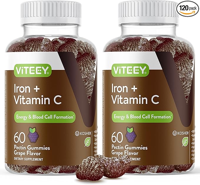 VITEEY Iron Gummies 20mg + Vitamin C 26mg for Iron Deficiency and Anemia, Supports Energy, Blood Cell Formulation, Blood Builder, Vegan Supplements, Gluten Gelatin and GMO Free, Chewable Grape Chews