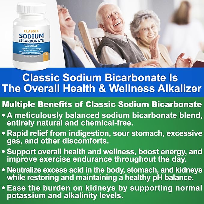 Kidney Restore Classic Sodium Bicarbonate 650mg Natural Organic Use Sodium Bicarbonate Powder Pills Sodium Bicarbonate Tablets (caps) Stomach Acid Alkalinity 120caps 2-Pack