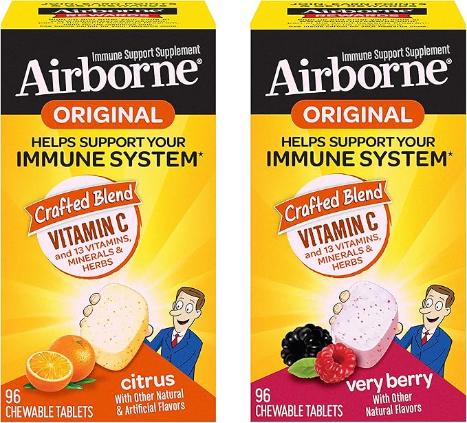 Airborne 1000mg Vitamin C Chewable Tablets Citrus & Very Berry Flavor Bundle - Immune Support Supplement with Zinc and Powerful Antioxidant Vitamins A C & E, (2x96ct bottles)*