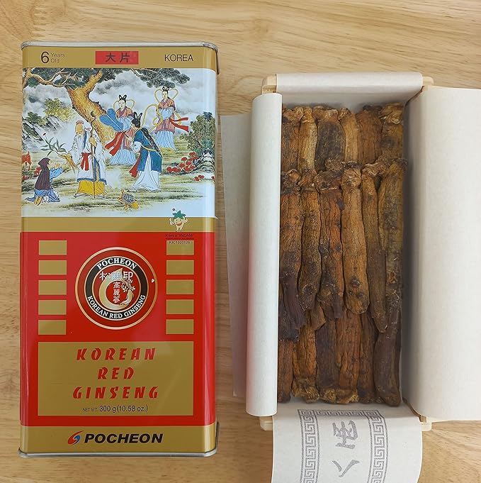 Pocheon 300g(10.6oz) Korean Canned Dried Panax Red Ginseng 6 Years Cut Grade 300-Big (18 Roots), Natural Immune Support