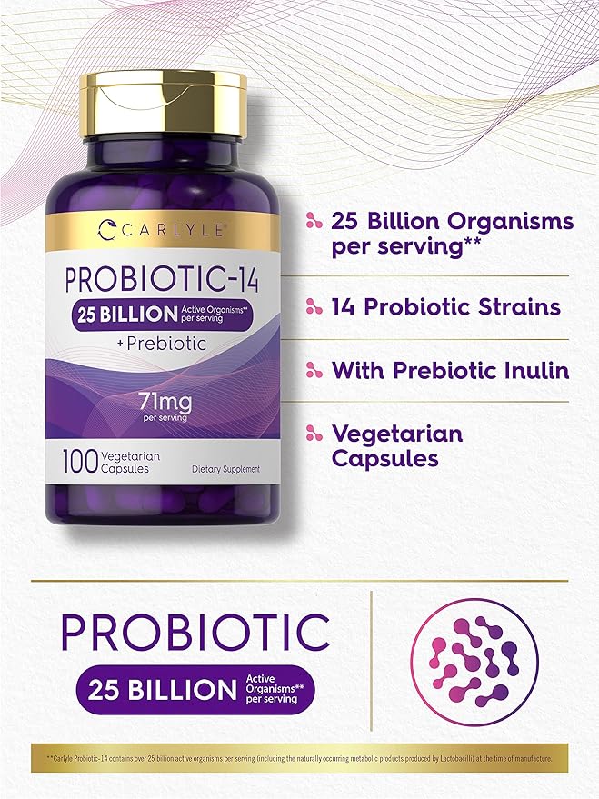 Carlyle Probiotics 25 Billion CFU | with Prebiotics | 100 Capsules | Vegetarian, Non-GMO, & Gluten Free Supplement | for Men & Women