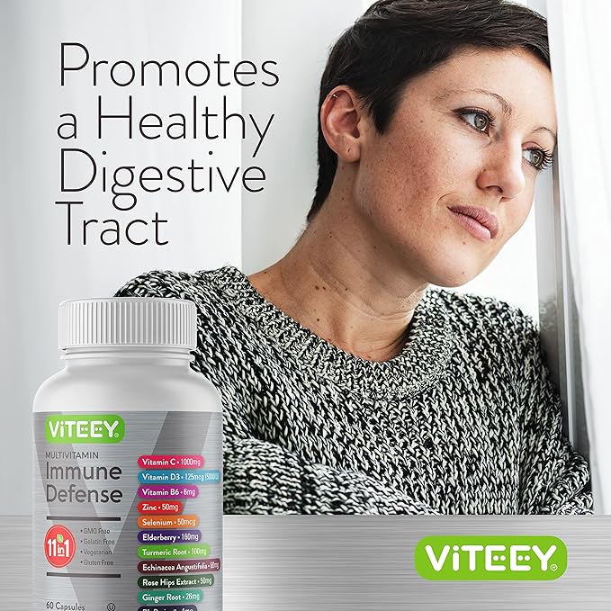 Viteey 11 in 1 Multivitamin Immune Defense Supplement - Immune Booster Capsules with Vitamin D3, Vitamin B6, Echinacea, Turmeric, Rose-HIPS, Selenium, BioPerine, Ginger, Elderberry Vitamin C and Zinc