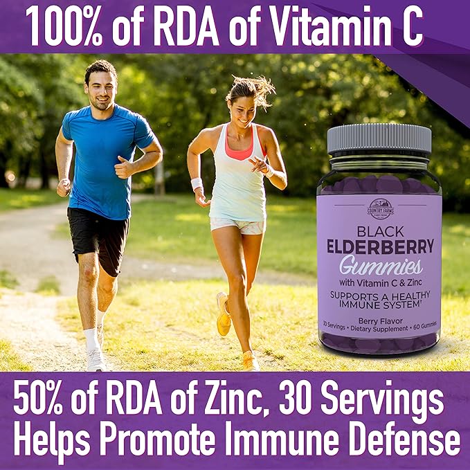 COUNTRY FARMS Elderberry Gummies with Vitamin C and Zinc, Supports Healthy Immune System, Rich in Antioxidants, Triple Action Immune Blend, Berry Flavor, 60 Gummies, 30 Servings