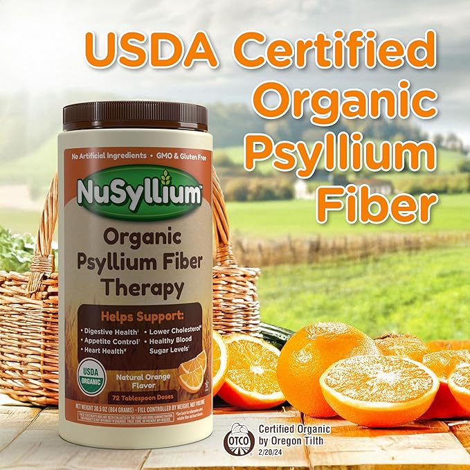 Psyllium Husk Powder, USDA Organic, 30.5 Oz, Dietary Fiber Supplement with Brown Sugar, Helps Digestive Health* Natural Orange, 72 Servings