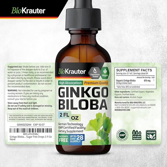 BIO KRAUTER Ginkgo Biloba Extract - Liquid Ginkgo Biloba Supplements for Brain - Vegan, Alcohol & Sugar Free - 2 Fl Oz