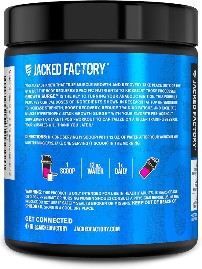 Jacked Factory Growth Surge Creatine Post Workout w/L-Carnitine - Daily Muscle Builder & Recovery Supplement with Creatine Monohydrate, Betaine, L-Carnitine L-Tartrate - 30 Servings, Swoleberry