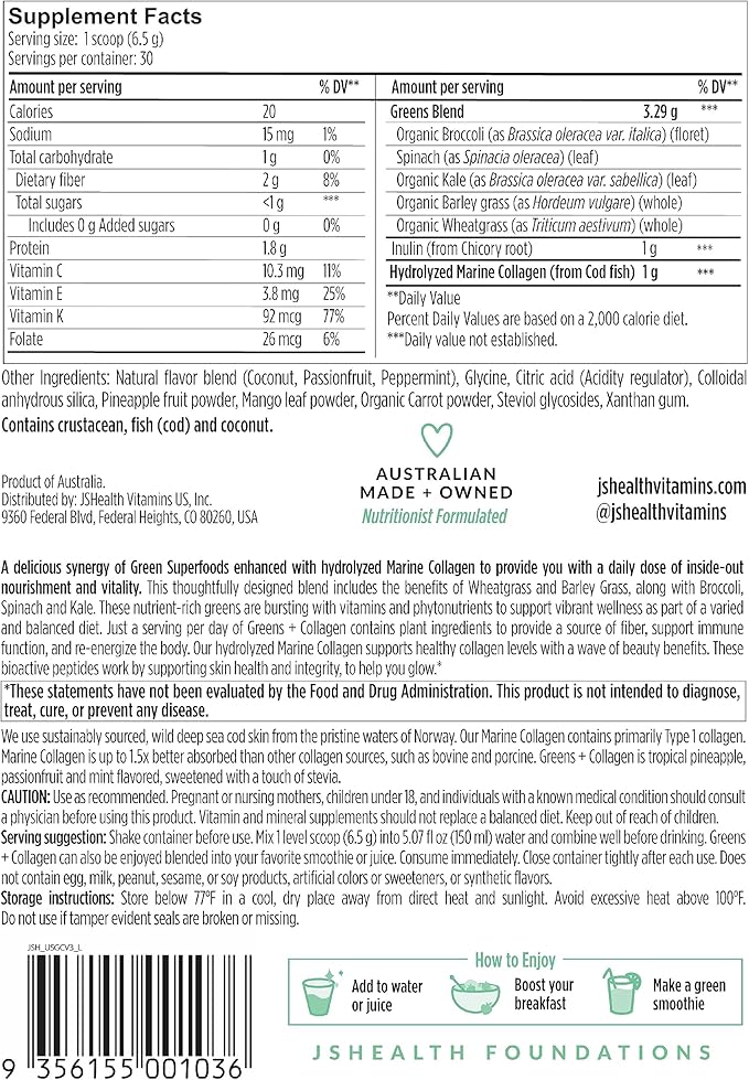 JSHealth Super Greens Powder - Greens & Collagen Powder - Superfood Powder with Marine Collagen Peptides, Vitamins & Veggies, 30 Servings